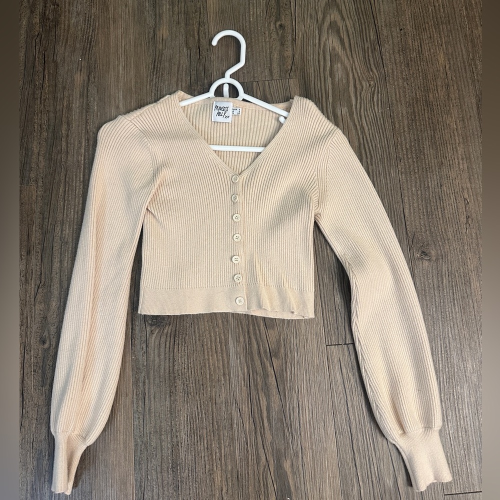 Princess Polly beige ribbed cropped cardigan